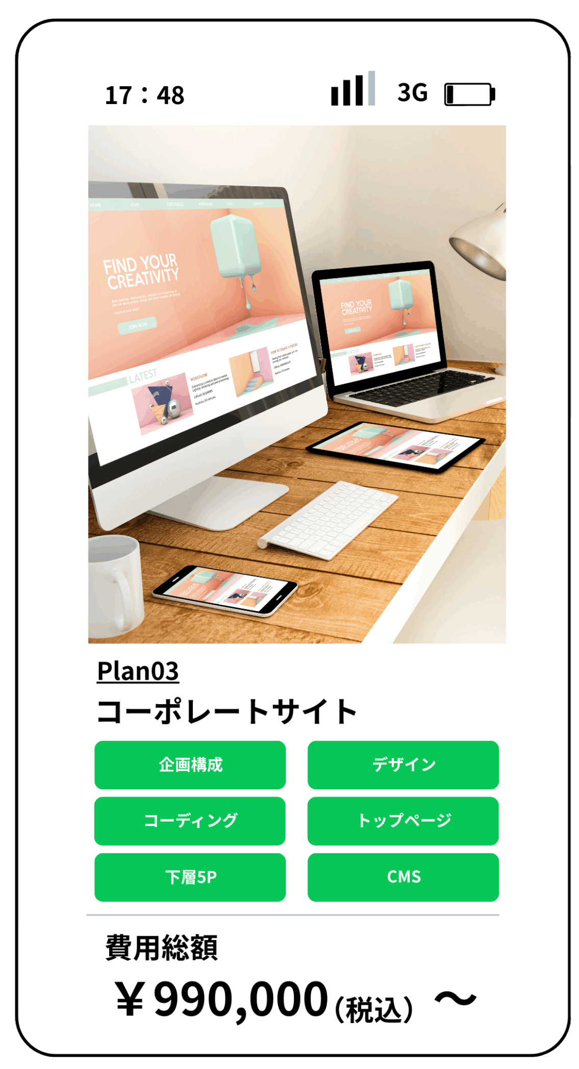 パソコンとスマートフォンに表示されたコーポレートサイトのデザイン。5ページ構成で、企画構成・デザイン・コーディング・トップページ・下層ページ・CMSを含み、料金は99万円(税込)から。